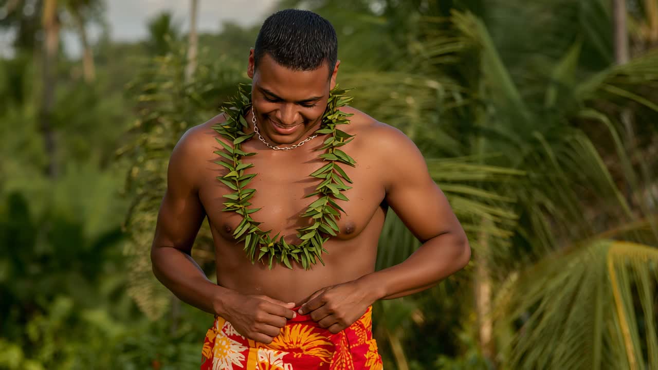 Hombre sin camiseta mirando hacia abajo, arreglándose el pareo en un palmeral, posando, levantando una hoja de lei y mostrando una cadena de oro