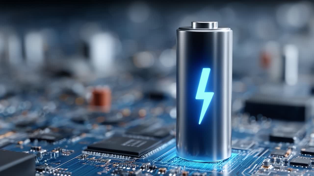 現代の電子システムにおけるエネルギー、電力、先端技術を示す、回路基板を照らす光るバッテリーアイコン。