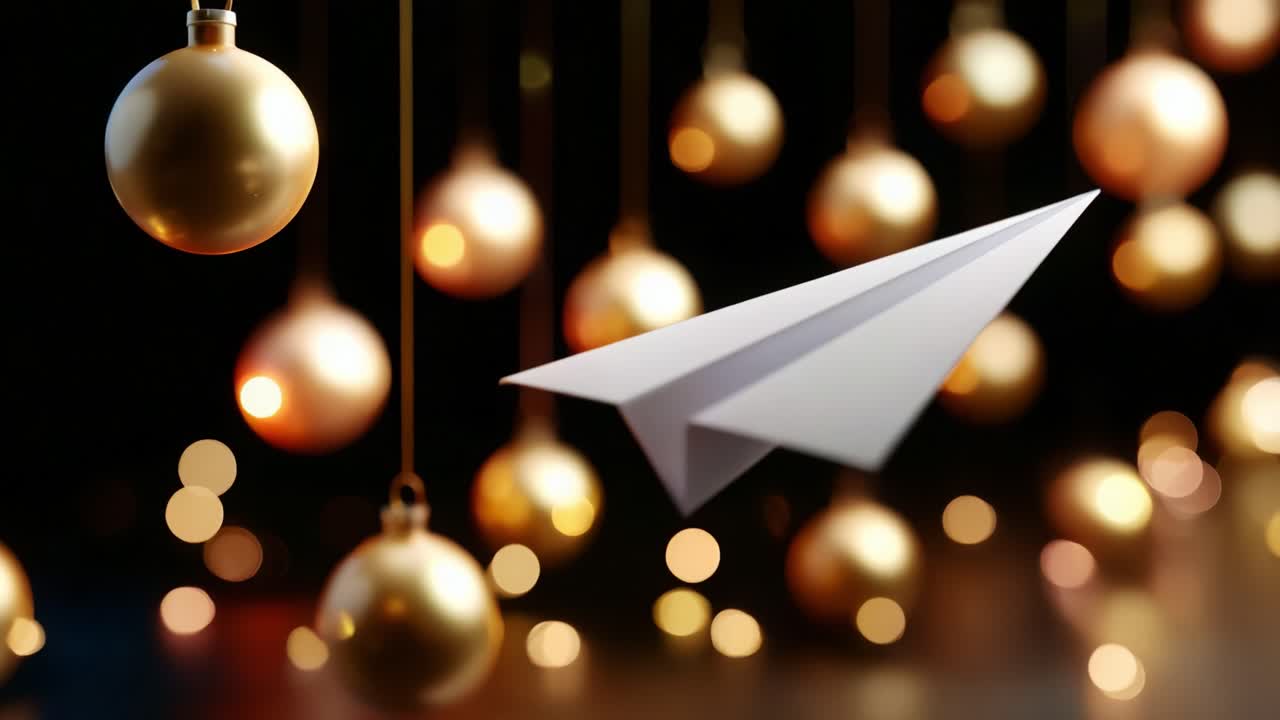 A Glimpse of Holiday Cheer: An Elegant Scene Captured with Golden Ornaments and a Soaring Paper Airplane, Merging Festive Spirit with Playful Imagination in a Dreamlike Atmosphere