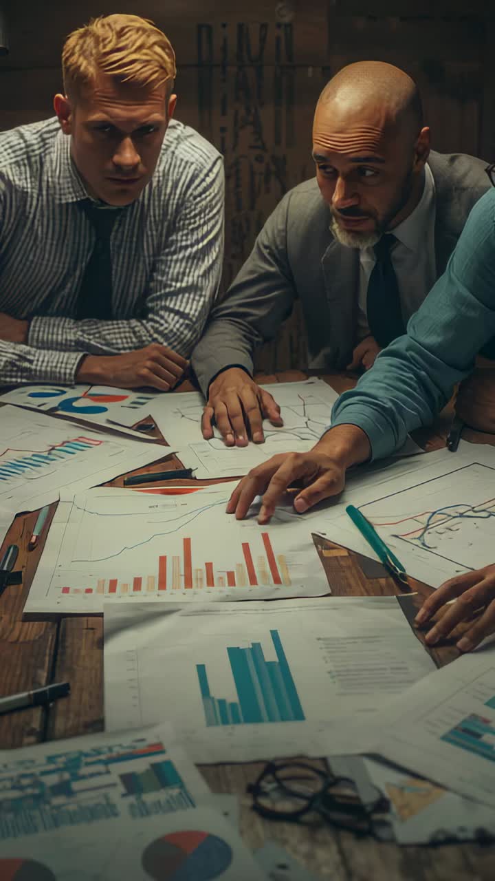 Vertical video: Focusing on red bar chart suited man guiding coworker marking rising trends at desk
