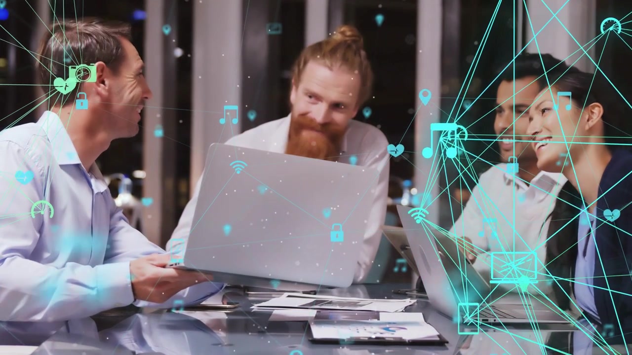Left man showing laptop, team working on tech, reviewing docs, teal icons floating over screens