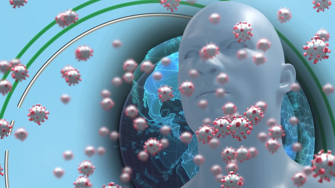 인간의 머리와 지구 위를 날아다니는 코로나19 세포의 애니메이션