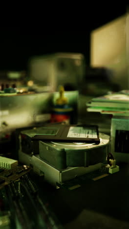 a close-up of a hard drive with a floppy disk on top of it, surrounded by other computer parts