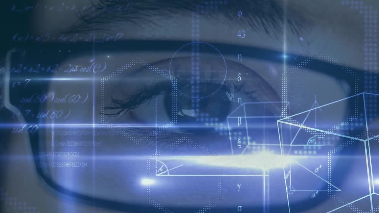animazione dell'elaborazione di dati matematici con figure geometriche su occhiali e occhio