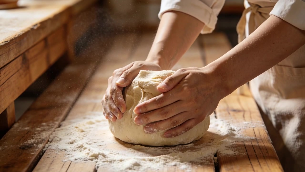 Placing hands, baker in apron folding and smoothing dough on floured bench, shaping loaf-ready ball