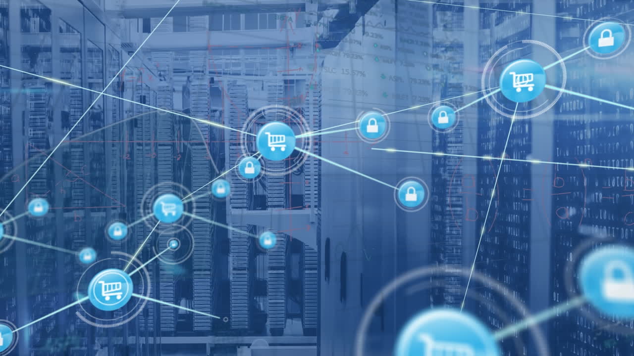 Animation of network of digital icons against mosaic squares over computer server room