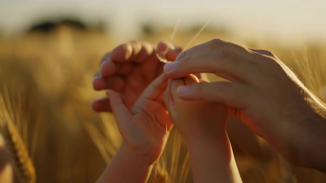 Close up of an adult hand holding a childs small hands near the center right of the frame, with tall golden grain softly blurred in the background. Warm