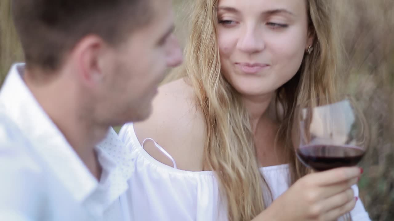 Couple Drinking Wine At Nature. Young man with her girlfriend on vacation sitting on grass, toasting a glass of wine