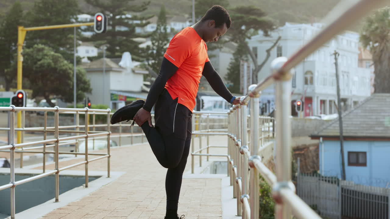 Black man, stretching legs and run in city