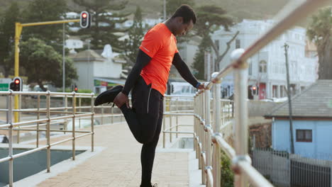 black man, stretching legs and run in city