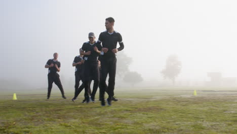 playing cricket, group of men warming up on field in foggy weather
