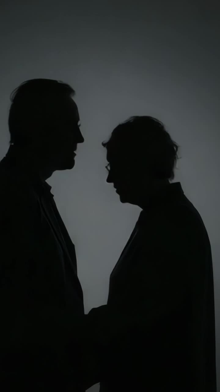 Vertical video: Responding to light couple pressing heads holding hands in studio, offering support