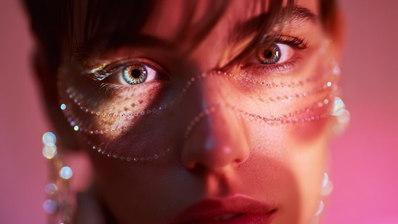 A Stunning Close-Up Portrait of a Model with Dazzling Eye Makeup and Sparkling Facial Accessories, Captured in Dreamy Lighting for a Captivating Artistic Vision