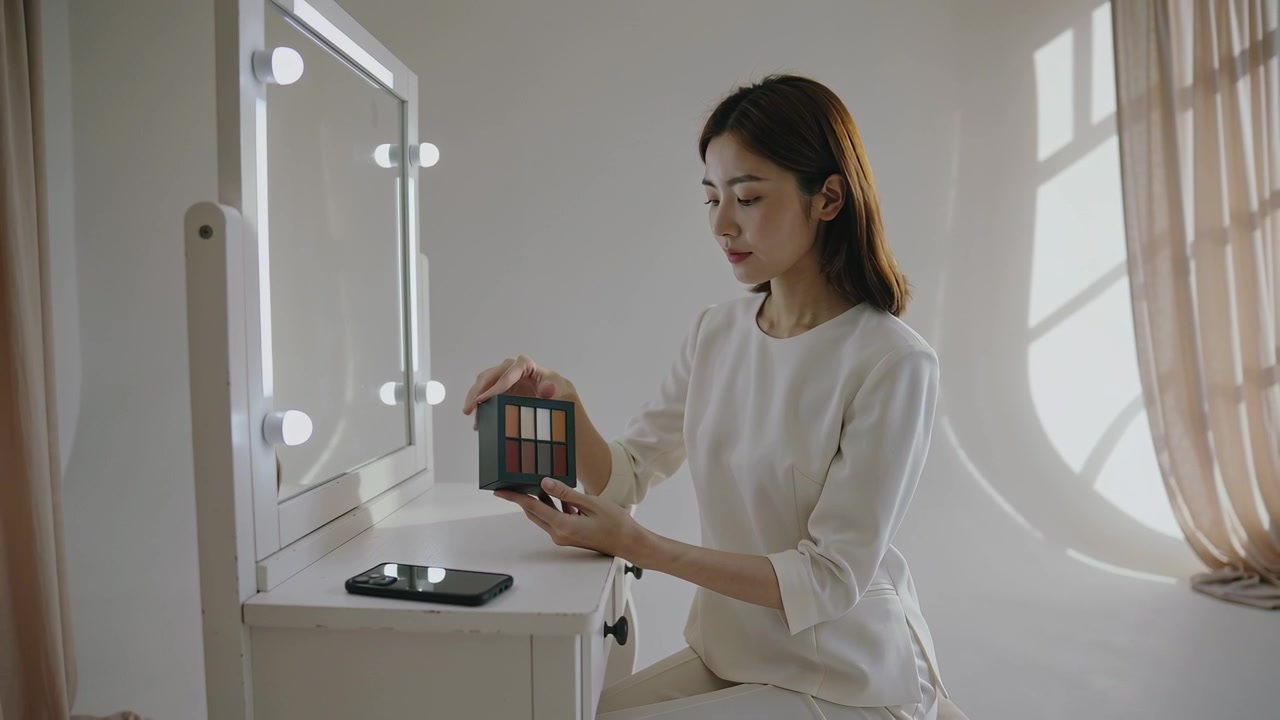 Reaching woman in light outfit picking compact on vanity, opening palette showing toward lit mirror