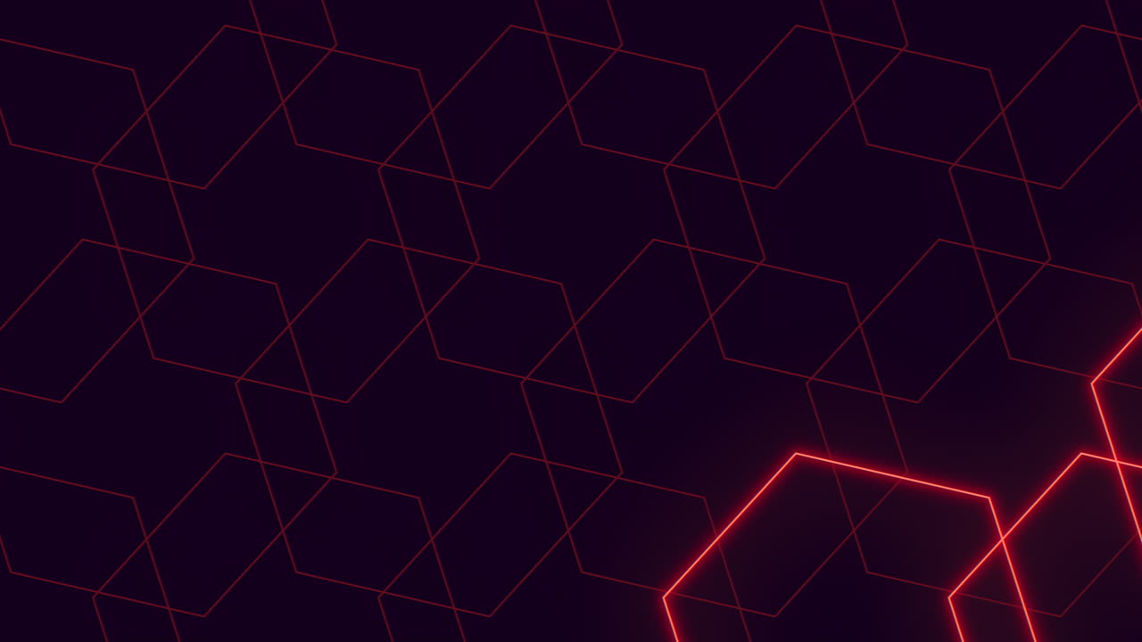 Fundo de Grade Hexagonal Vermelha Brilhante com Linhas Neon, Filmagem de Tecnologia Futurista