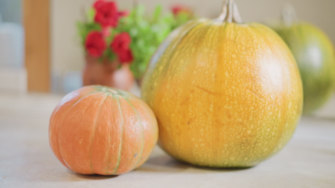 Food-Stylist arrangiert Kürbisse auf der Küchenarbeitsplatte, ein kleiner orangefarbener Kürbis gepaart mit einem größeren grünen Kürbis neben einer Vase mit roten Blumen. Weiches Bokeh und warmes Sonnenlicht erzeugen eine Tischdekoration-Atmosphäre und saisonales Flair.