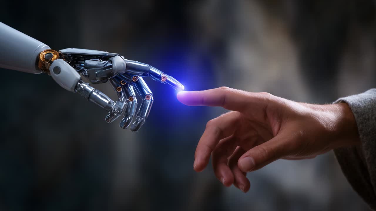An Artistic Interpretation of the Connection Between Humanity and Technology, Featuring a Human Hand Reaching Out to a Robotic Hand, Symbolizing the Union of Man and Machine in a Futuristic Era