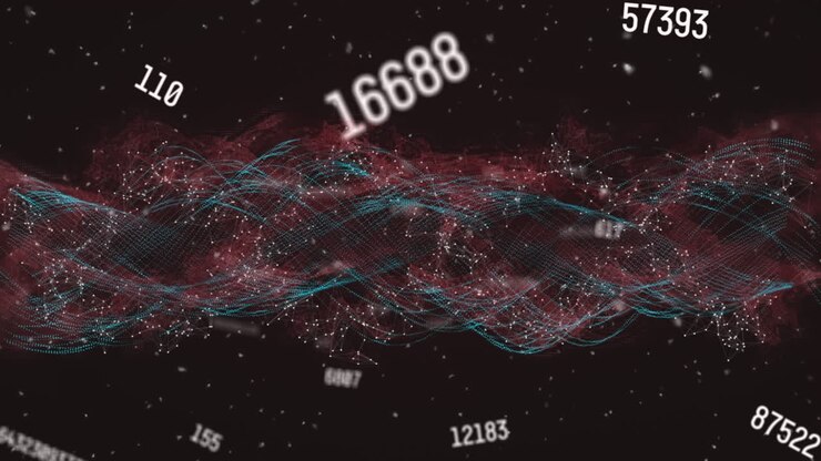 Animation of numbers and waves on black background