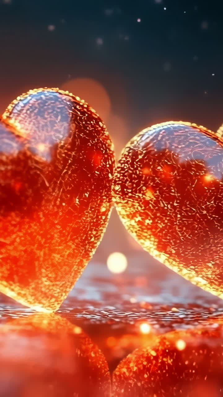 Two shimmering hearts in warm glow. Two vibrant glass hearts radiate warmth and light against a soft, sparkling background, creating a romantic atmosphere.