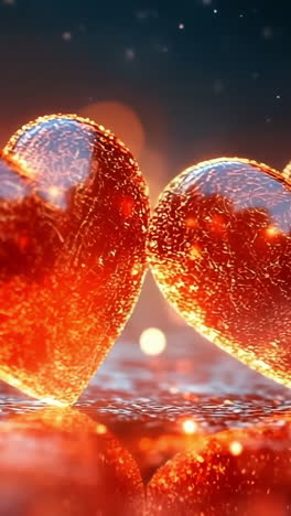 two shimmering hearts in warm glow. two vibrant glass hearts radiate warmth and light against a soft, sparkling background, creating a romantic atmosphere.