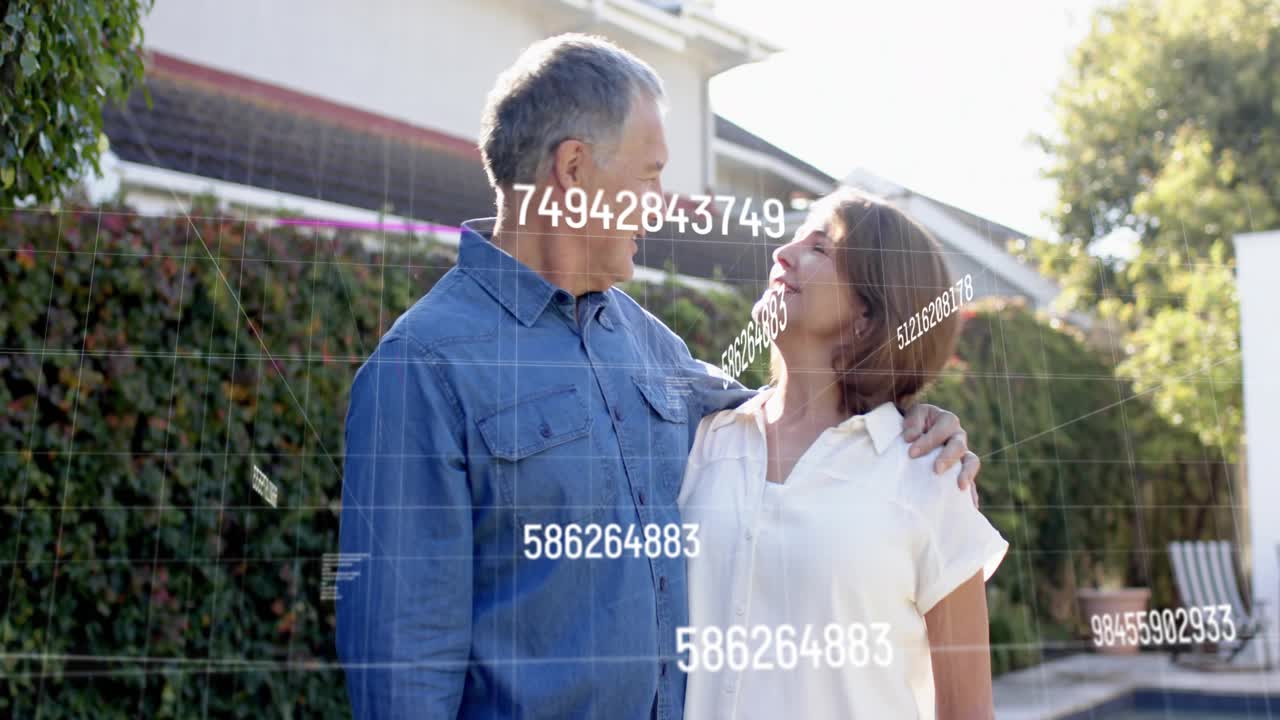 Couple by pool reacting to numeric overlays appearing, pointing and analyzing smart home data
