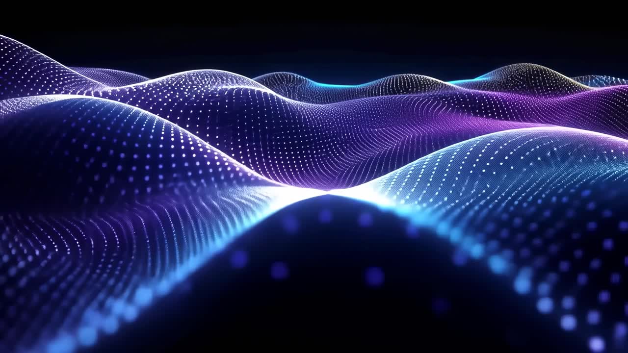 A futuristic video concept with a low-angle view of glowing, wavy digital grids, creating a sense