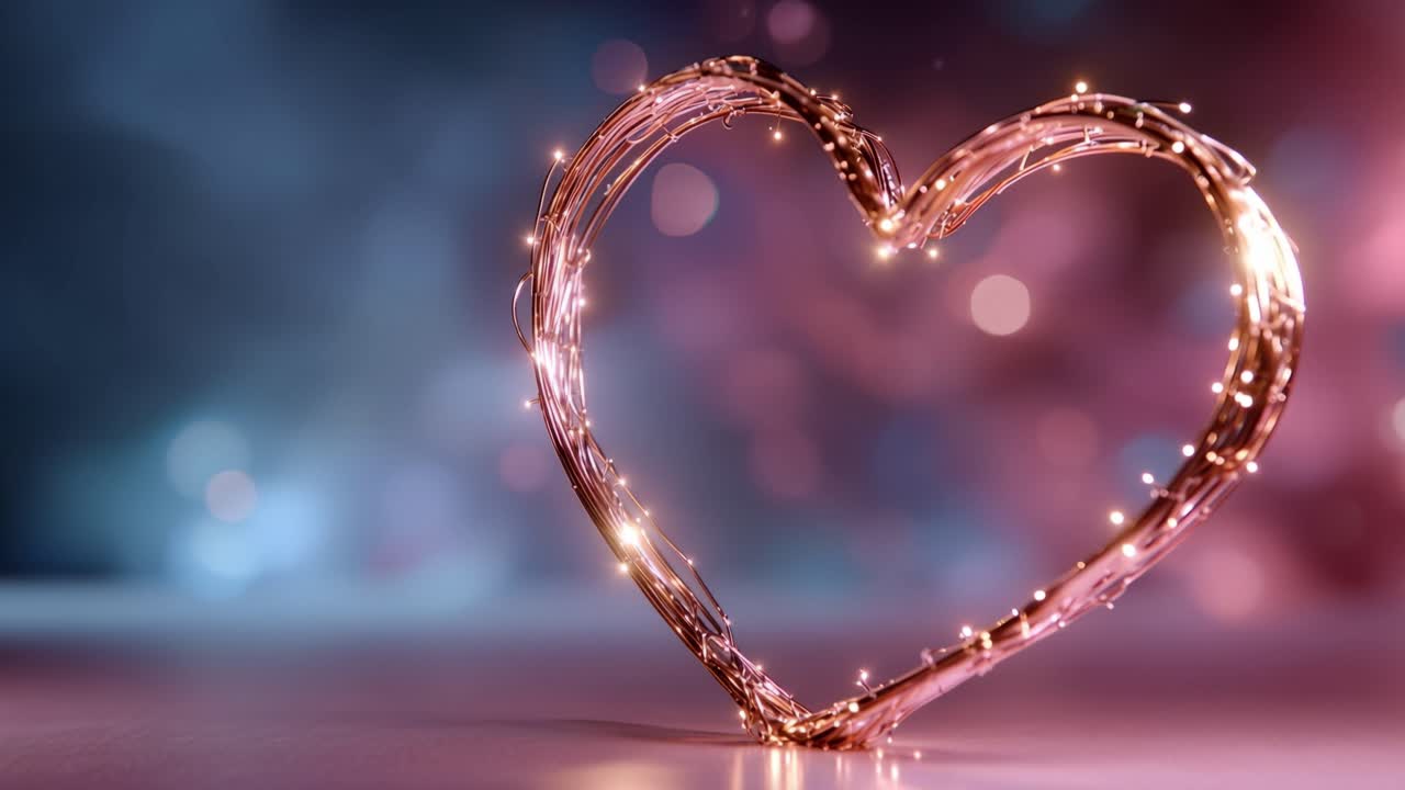 Shimmering heart glows softly against blurred background. Pink and gold sparkles dance around its outline. Warm light reflects on smooth surface below. Mysterious, romantic