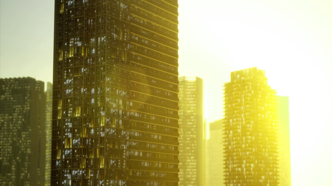 Bright morning sun illuminating modern skyscrapers in an urban landscape