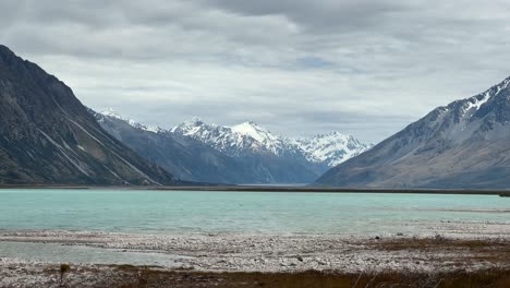 stunning mountainous scenery with the last snow residues on top at the northern end of lake tekapo