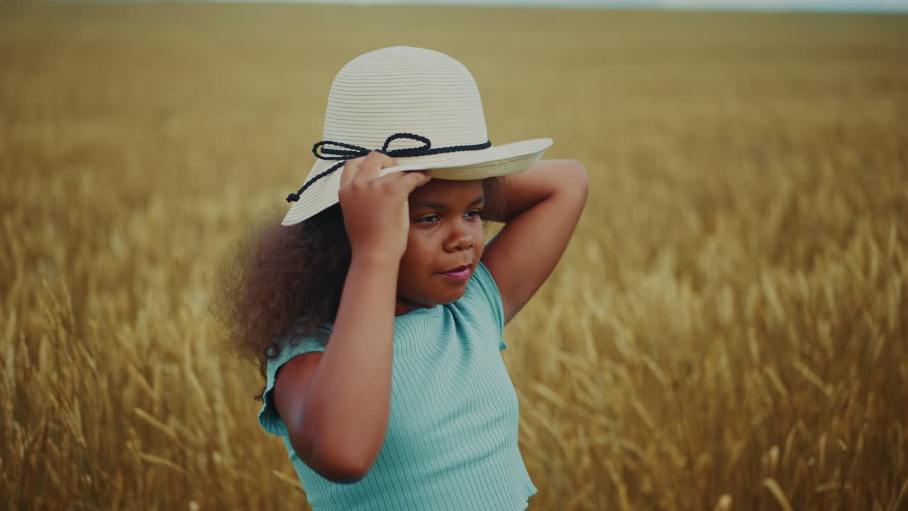 A young girl with a straw hat in a wheat field