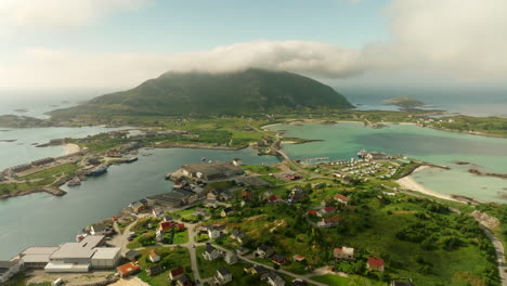 scenic establishing aerial view of sommaroya summer island, troms, norway