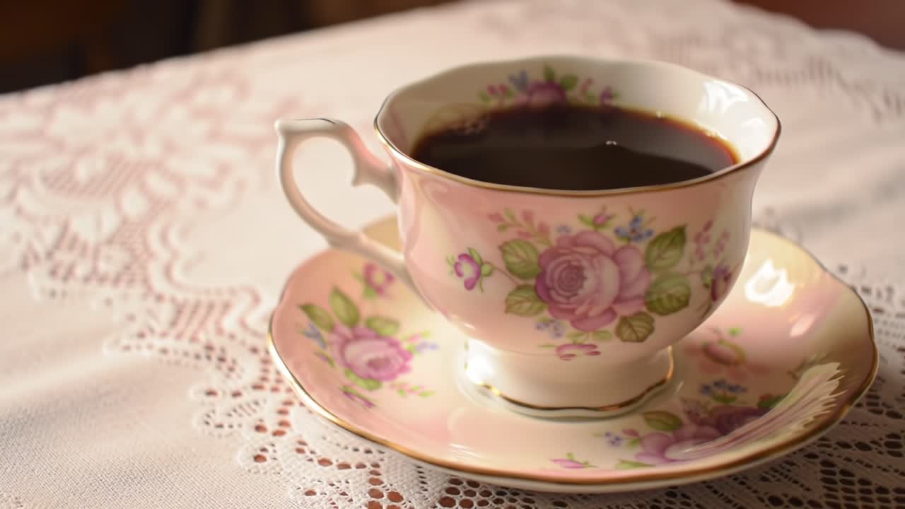 A Delicate Tea Ceremony: Enjoying the Perfect Brew in a Beautifully Crafted Vintage Cup with Floral Design and a Lace Tablecloth for a Cozy Atmosphere