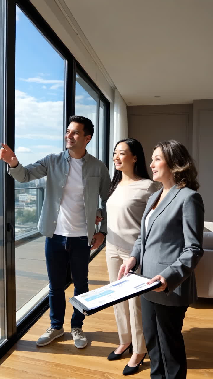 Real Estate Agent Showing City View Apartment to Couple