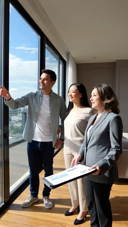 real estate agent showing city view apartment to couple