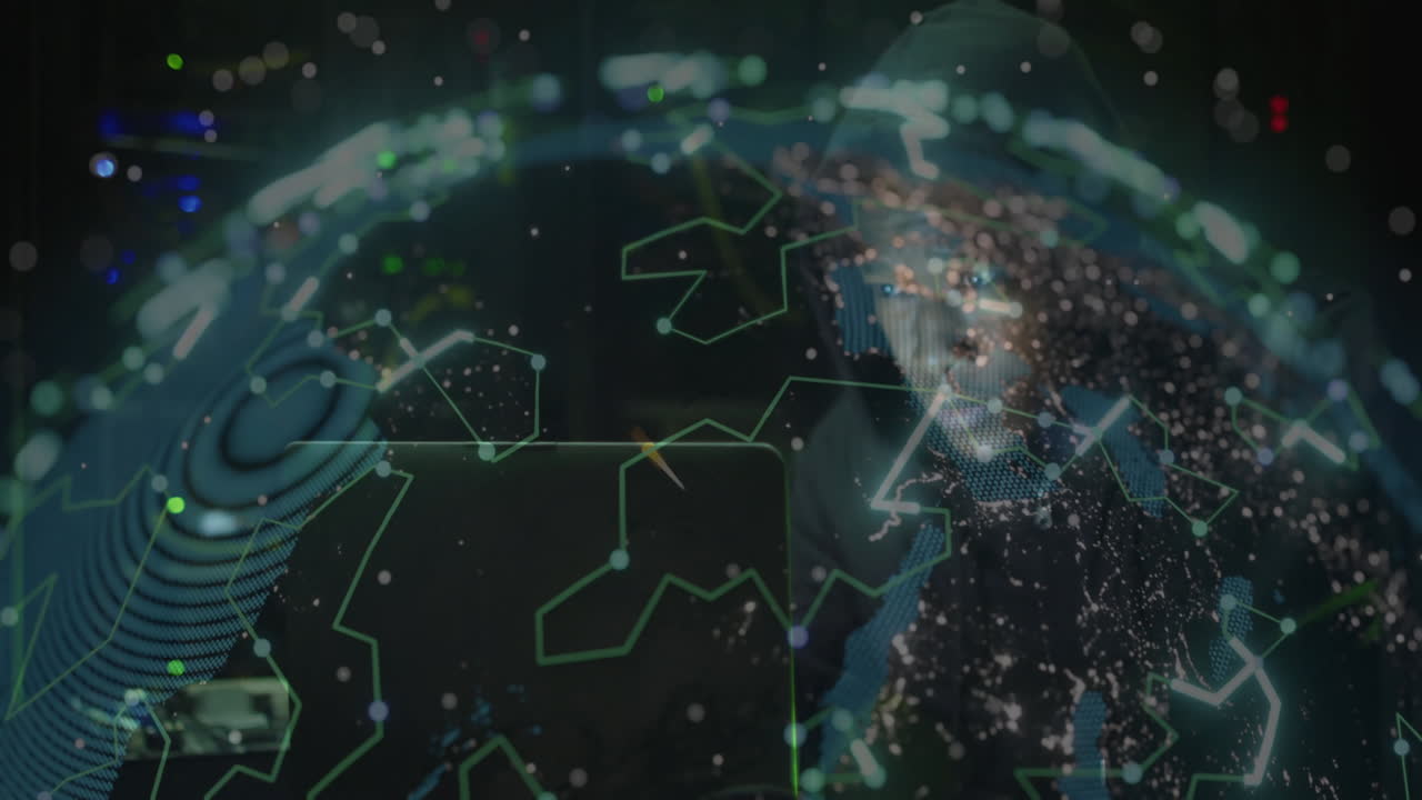 Animation of ai data processing and globe over black background