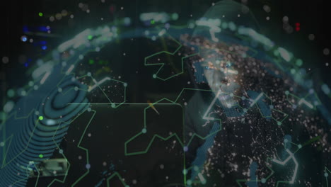 animation of ai data processing and globe over black background