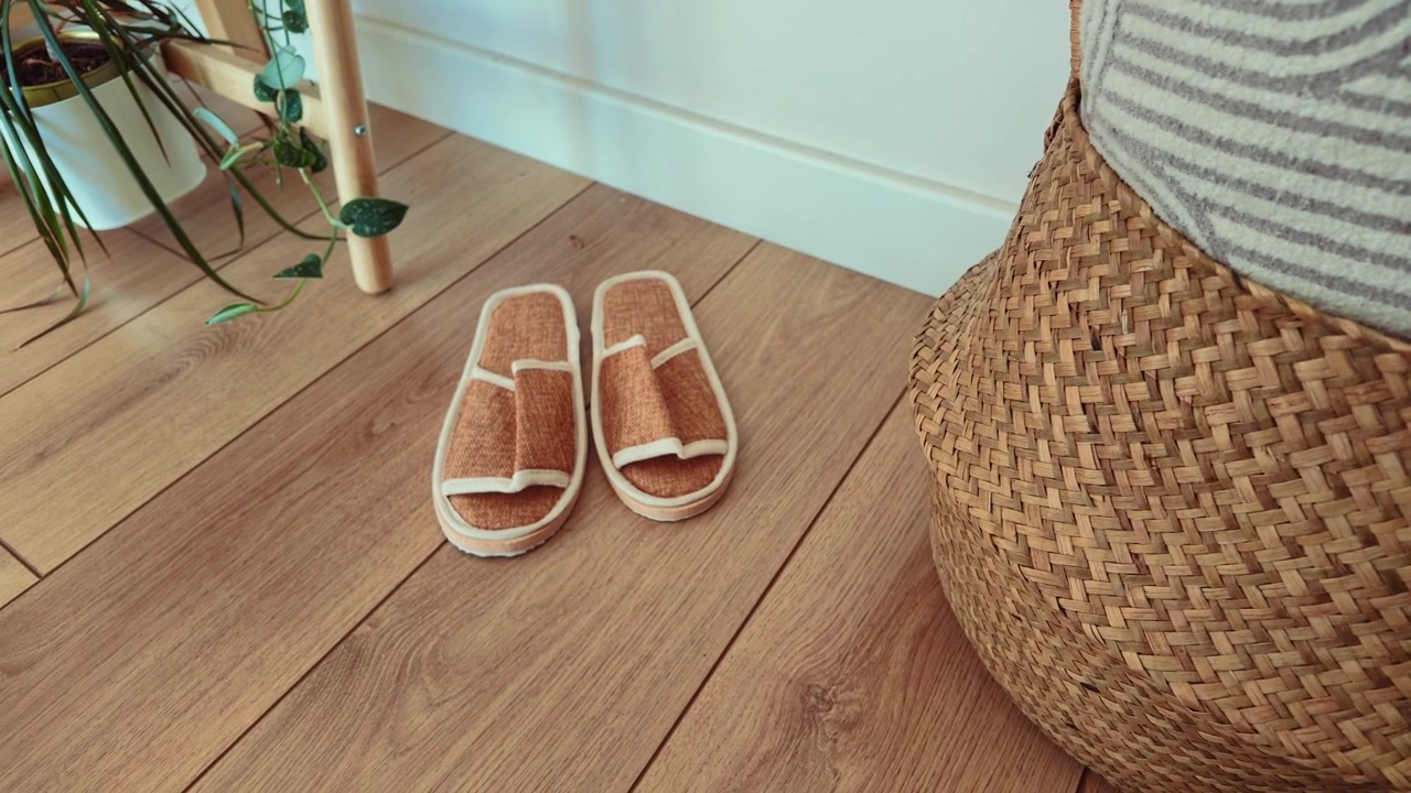 Pair of Comfortable Linen Slippers on Wooden Floor
