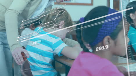 in school, teacher assisting children with timeline animation from 2005 to 2020