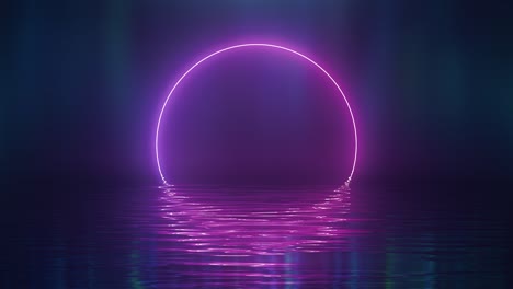 círculo de neón rosado brillante sobre el agua