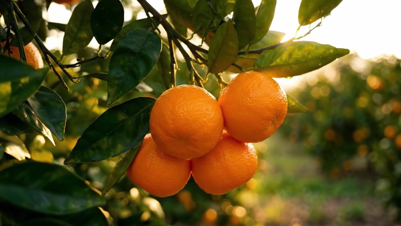 Raccolto abbondante di agrumi: un rigoglioso aranceto inondato di luce dorata mostra frutti succosi e foglie verdi vibranti per celebrare la generosità della natura.