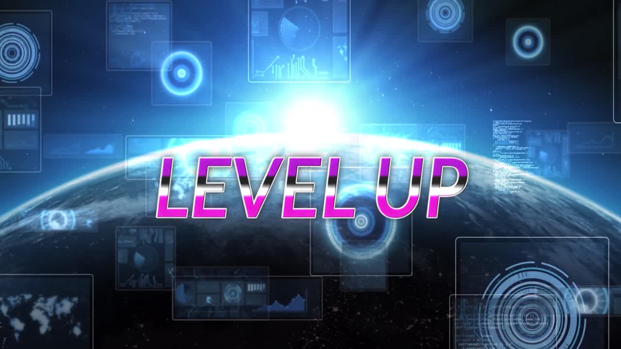 검은 바탕에 지구를 가진 레벨 업 텍스트 및 데이터 처리의 애니메이션