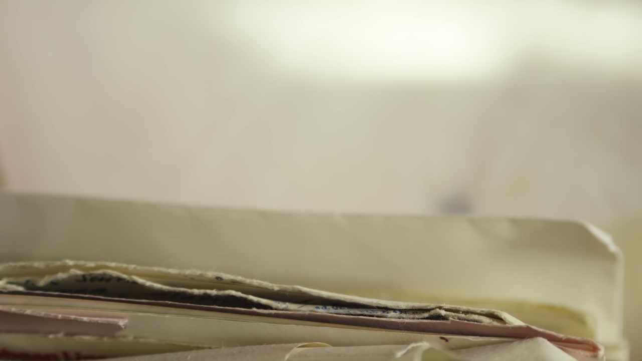 Mano che cerca vecchie lettere scritte a mano nell'archivio dell'ufficio domestico PRIMO PIANO