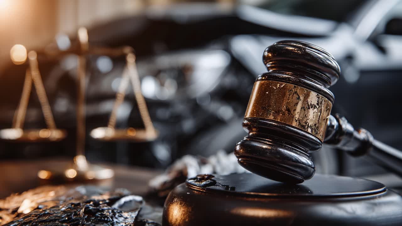 A Powerful Symbol of Justice: A Judge's Gavel Set Against the Backdrop of a Car Accident Scene, Representing Legal Procedures and Implications of Road Safety