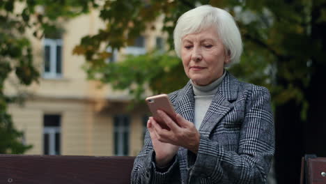 Seniorin-Sitzt-Auf-Der-Bank-Im-Park-Und-Schreibt-SMS,-Während-Sie-Auf-Das-Smartphone-Tippt