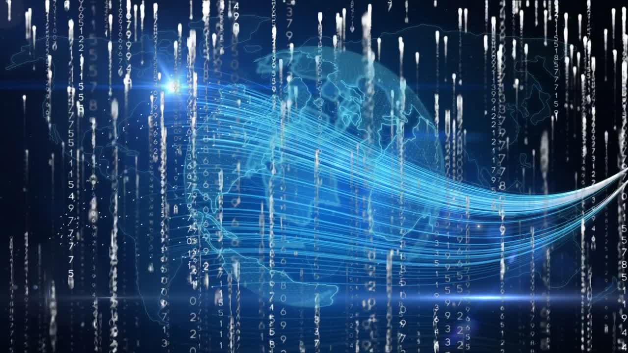 Light trails falling over digital waves and spinning globe on blue background