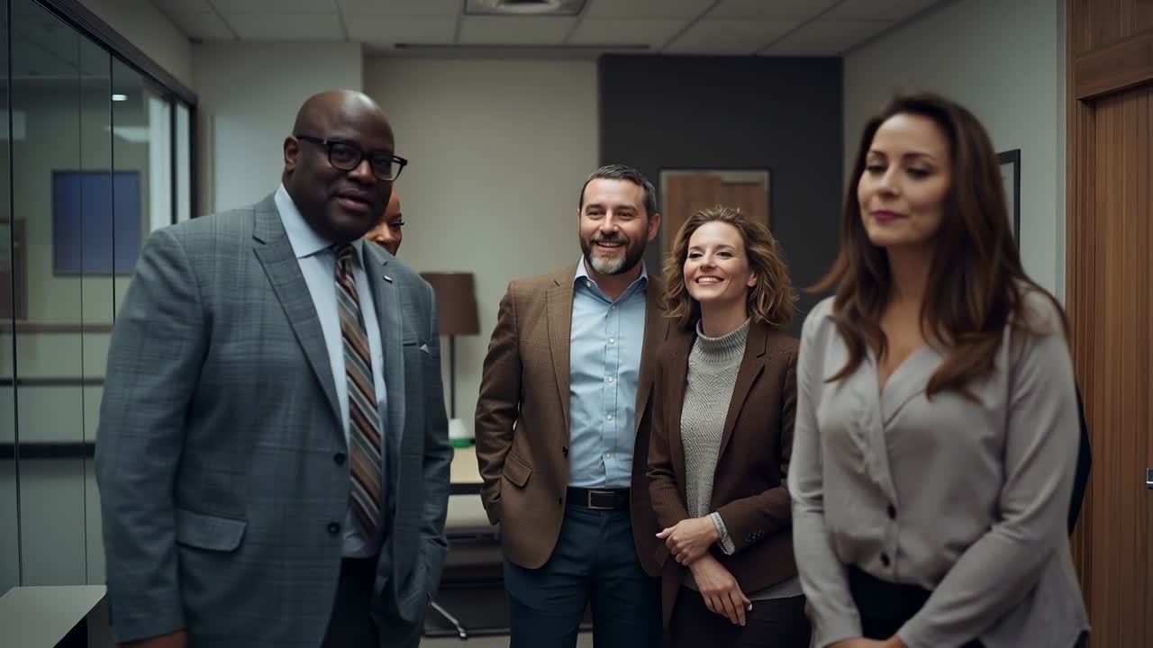 Diverse coworkers exchanging smiles in office corridor, stepping forward toward doorway in suits