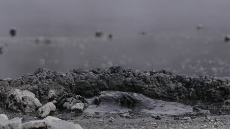 boiling hot geothermal volcanic mud pool, closeup shot steamy lake bubbling furious mud