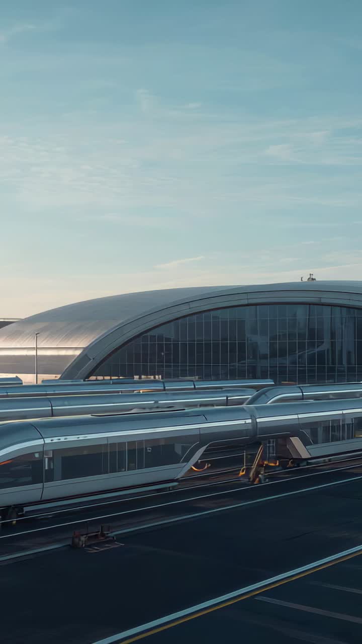 Vertical video: Panning cam showing silver train on tracks at depot, showing struts and cargo van