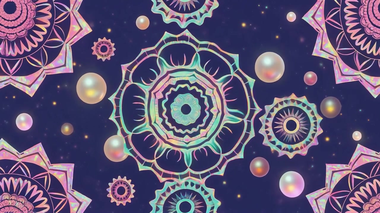 Motivi Mandala Olografici che Fluttuano con Sfere Iridee