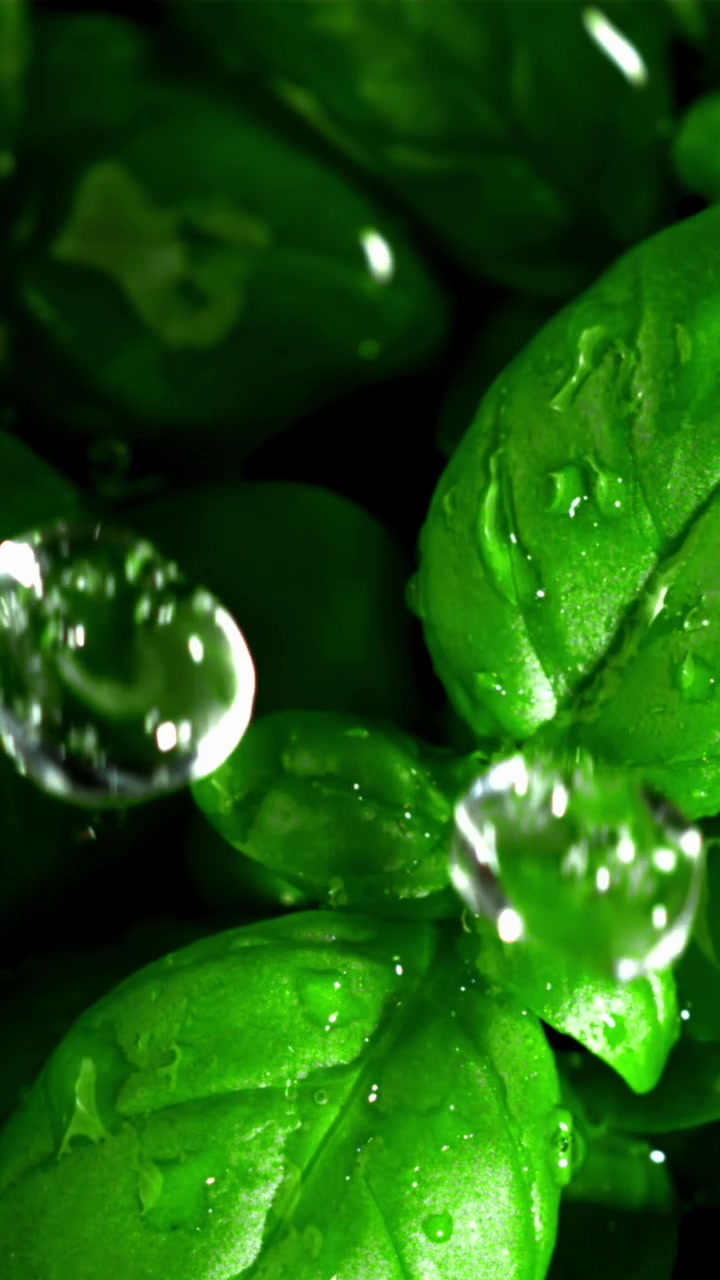 Gocce d'acqua che cadono su foglie fresche di basilico verde.